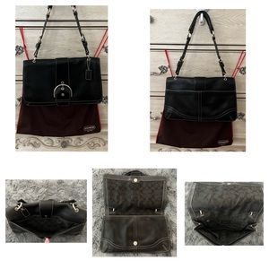 Authentic “Coach” Black Leather Silver Buckle Flap Soho Handbag Shoulder Bag